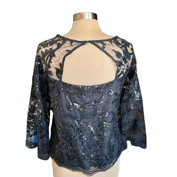 Cupcakes & Cashmere Black Lace Sequin Top MED Whimsygoth Evening Glamorous - Picture 3 of 10